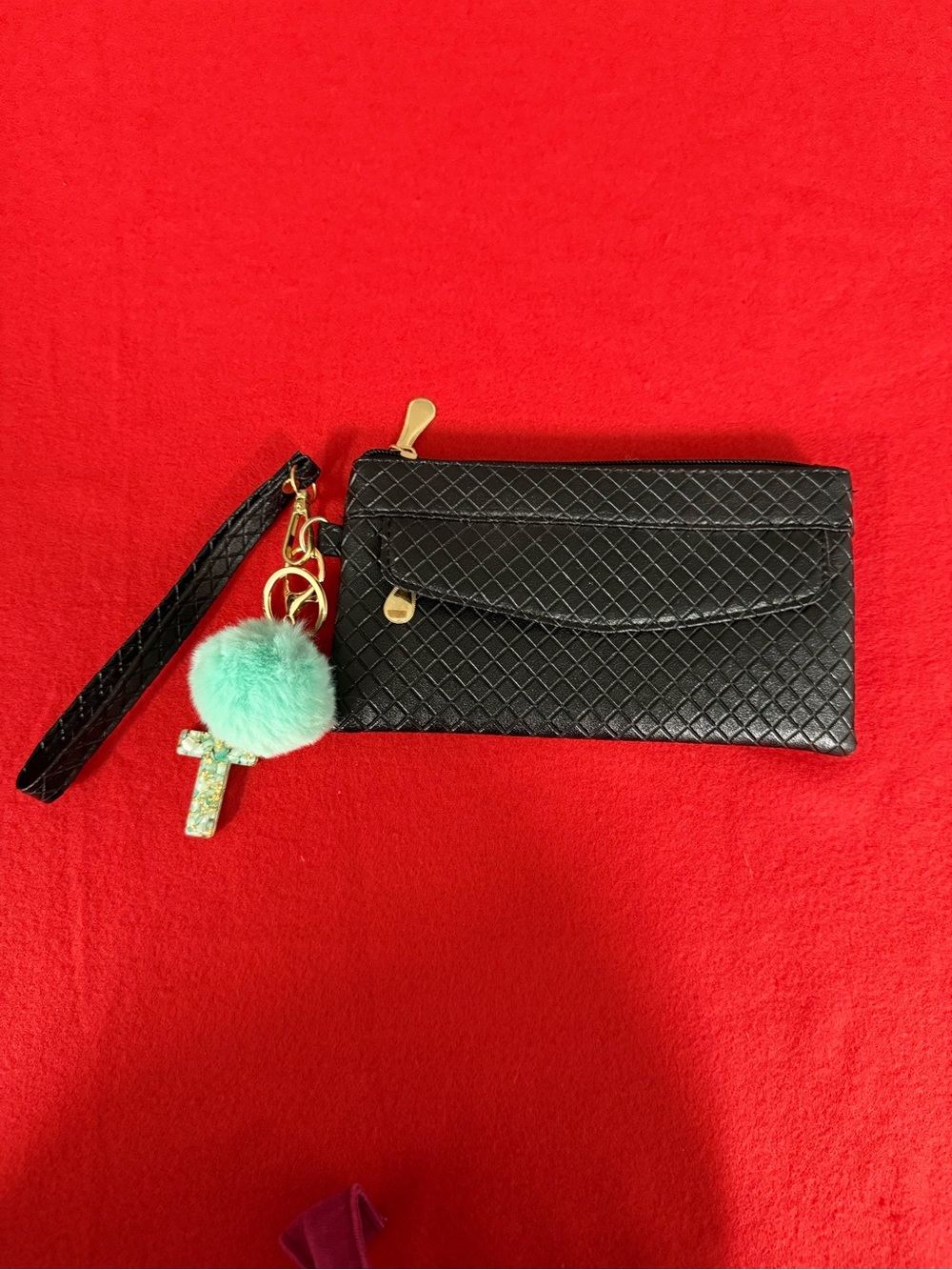 Black Quilted Wristlet Card & Key Holder with Mint Pom Charm